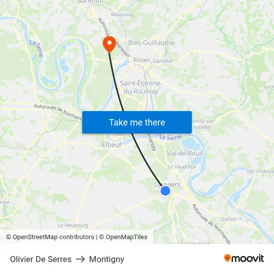 Olivier De Serres to Montigny map