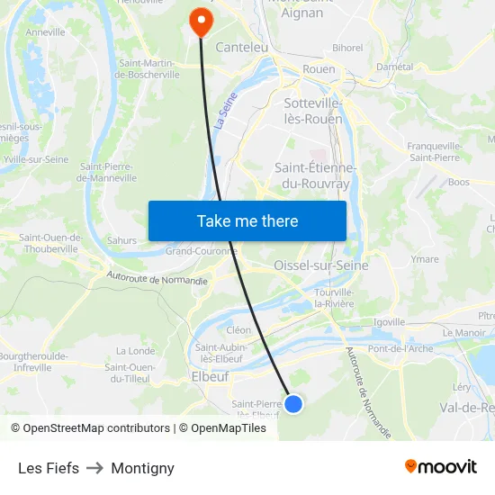 Les Fiefs to Montigny map