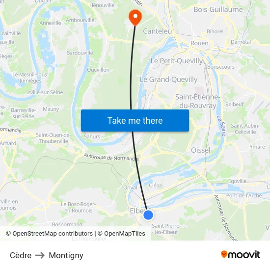 Cèdre to Montigny map
