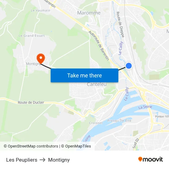 Les Peupliers to Montigny map