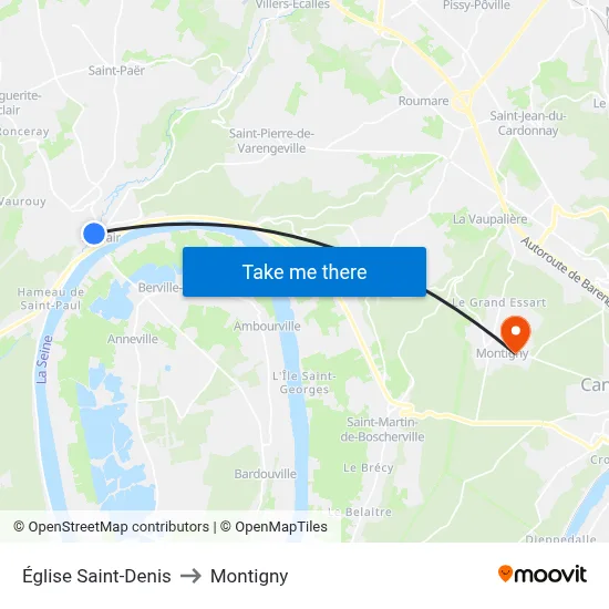 Église Saint-Denis to Montigny map