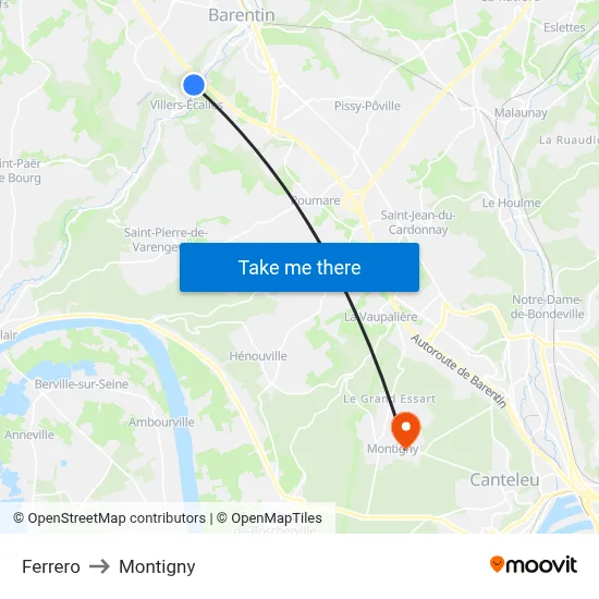 Ferrero to Montigny map