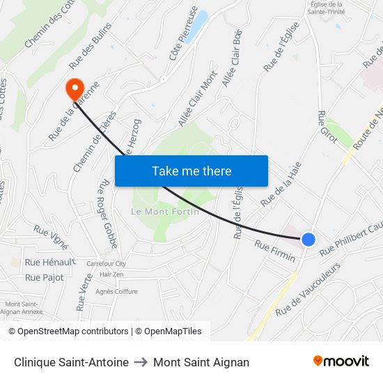 Clinique Saint-Antoine to Mont Saint Aignan map