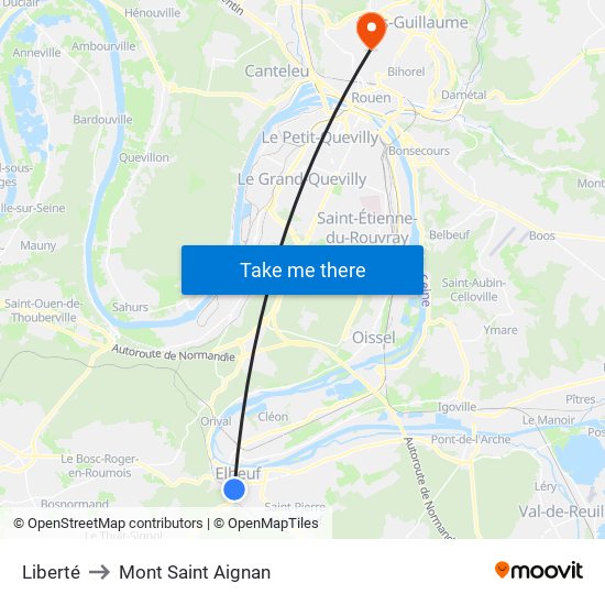 Liberté to Mont Saint Aignan map