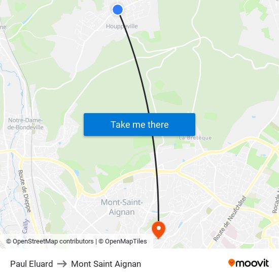 Paul Eluard to Mont Saint Aignan map