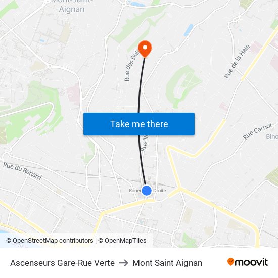 Ascenseurs Gare-Rue Verte to Mont Saint Aignan map