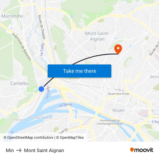 Min to Mont Saint Aignan map