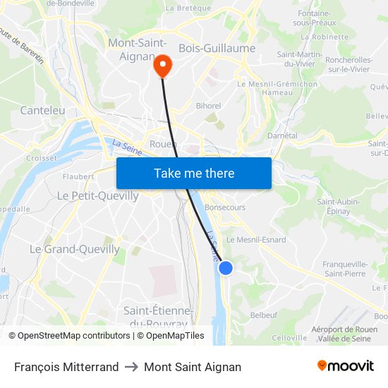 François Mitterrand to Mont Saint Aignan map