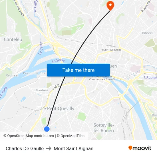 Charles De Gaulle to Mont Saint Aignan map