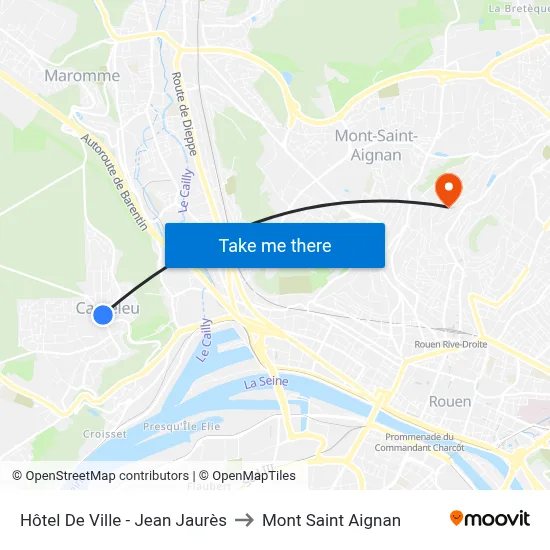 Hôtel De Ville - Jean Jaurès to Mont Saint Aignan map