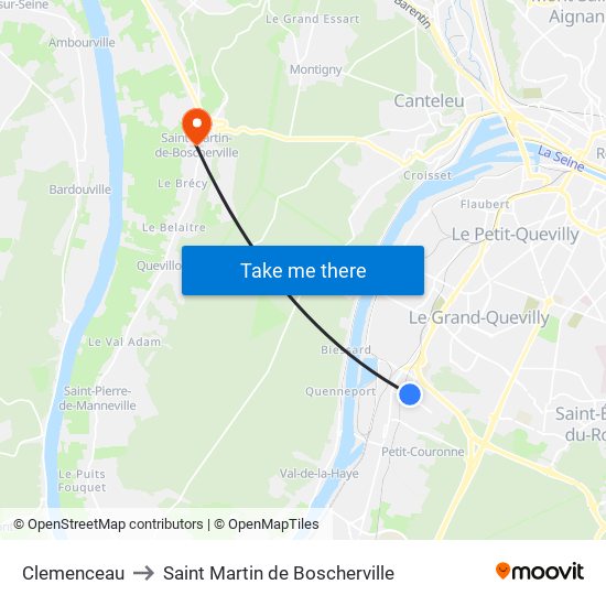 Clemenceau to Saint Martin de Boscherville map