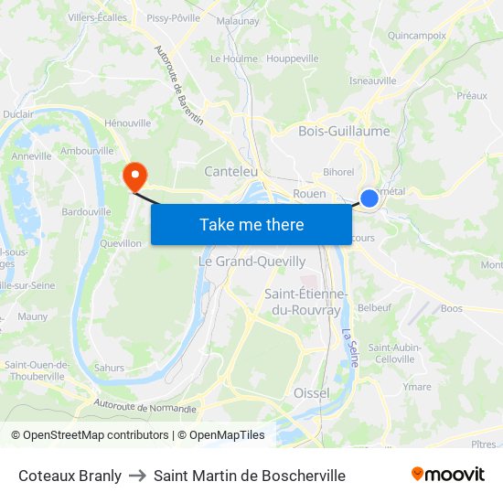 Coteaux Branly to Saint Martin de Boscherville map