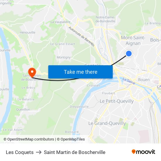 Les Coquets to Saint Martin de Boscherville map