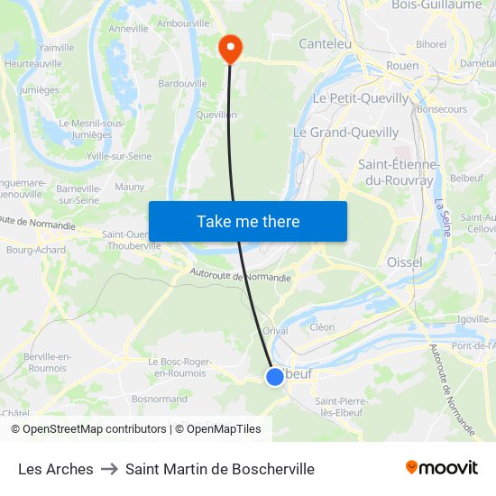 Les Arches to Saint Martin de Boscherville map