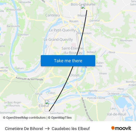 Cimetière De Bihorel to Caudebec lès Elbeuf map