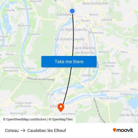 Coteau to Caudebec lès Elbeuf map