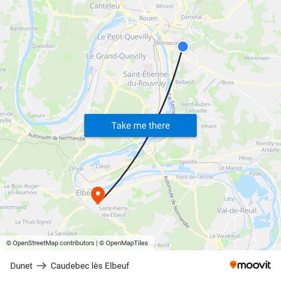 Dunet to Caudebec lès Elbeuf map