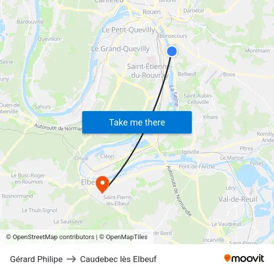 Gérard Philipe to Caudebec lès Elbeuf map