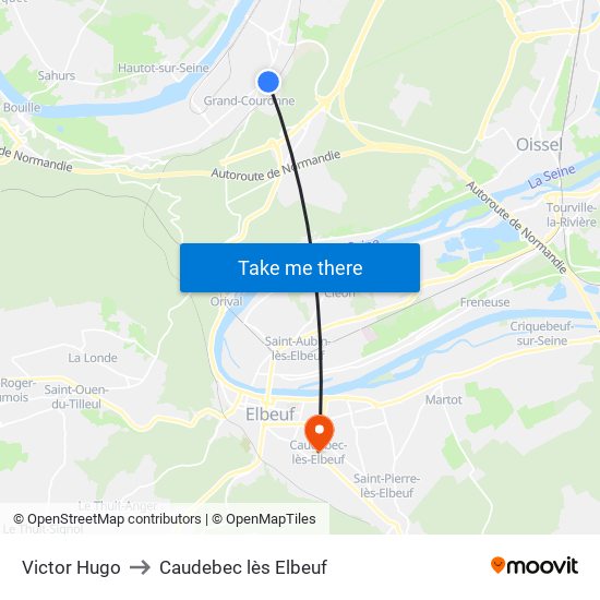 Victor Hugo to Caudebec lès Elbeuf map