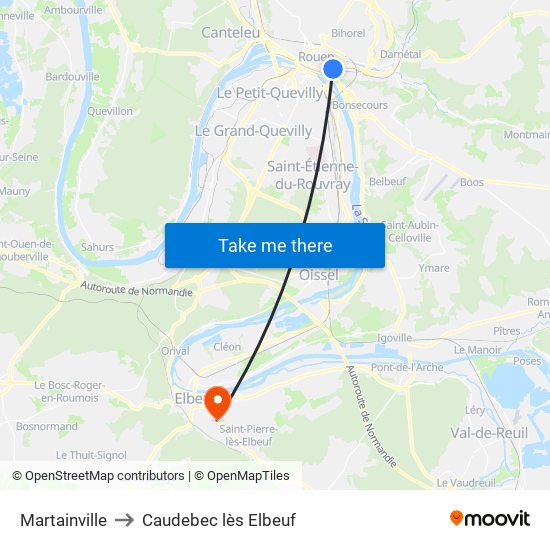 Martainville to Caudebec lès Elbeuf map