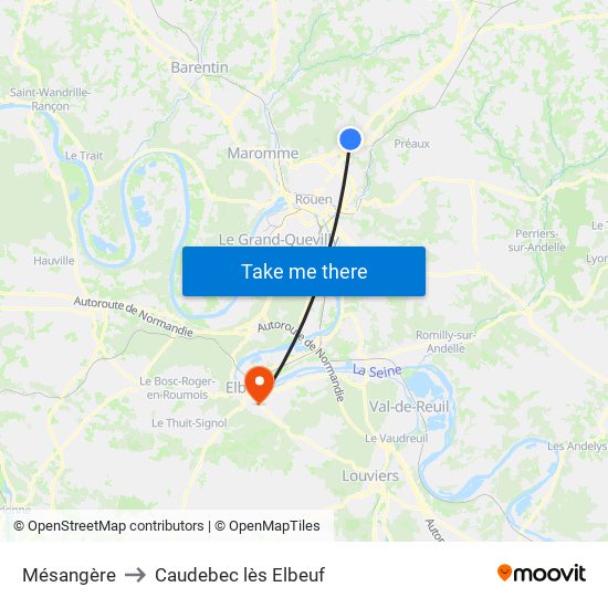 Mésangère to Caudebec lès Elbeuf map