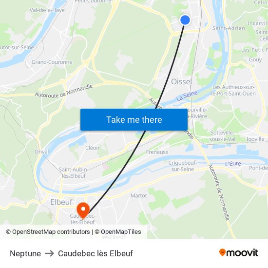 Neptune to Caudebec lès Elbeuf map