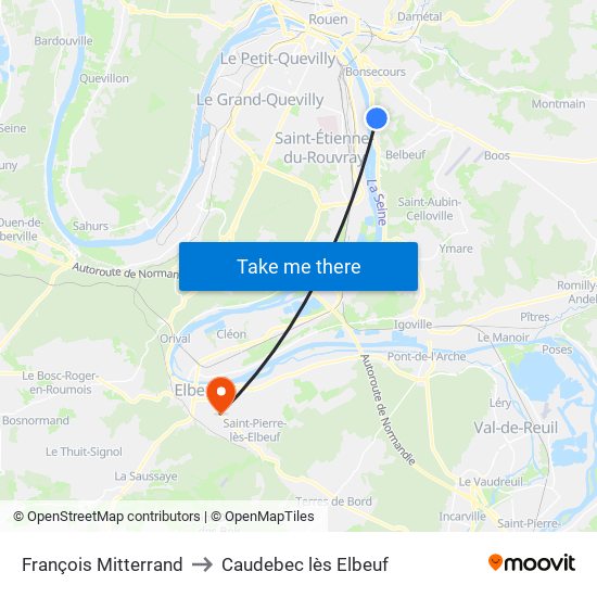 François Mitterrand to Caudebec lès Elbeuf map
