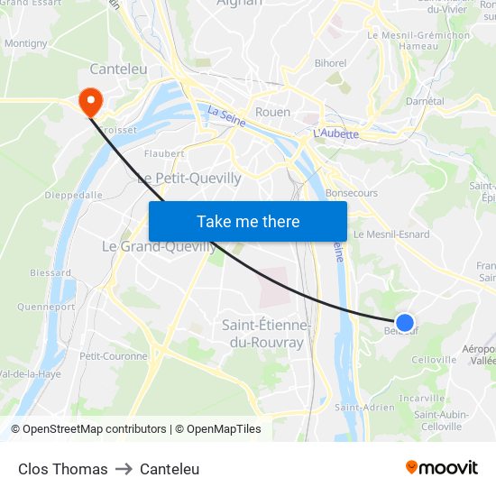 Clos Thomas to Canteleu map