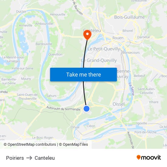 Poiriers to Canteleu map