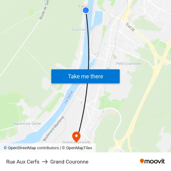 Rue Aux Cerfs to Grand Couronne map