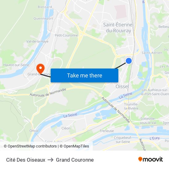 Cité Des Oiseaux to Grand Couronne map