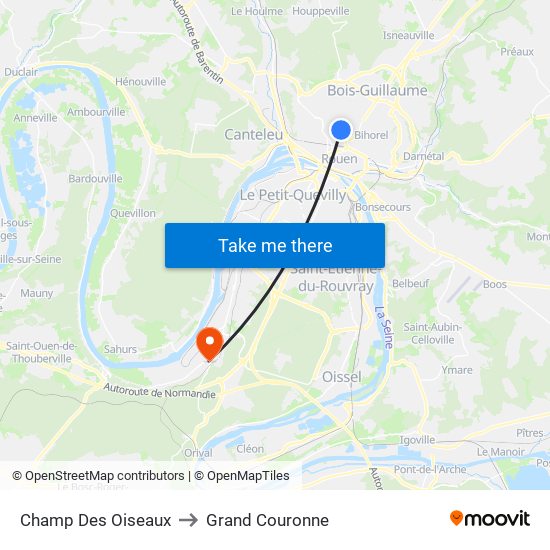 Champ Des Oiseaux to Grand Couronne map