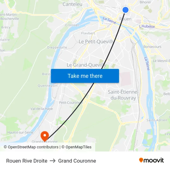 Rouen Rive Droite to Grand Couronne map
