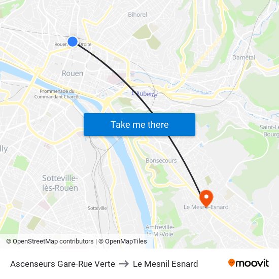Ascenseurs Gare-Rue Verte to Le Mesnil Esnard map