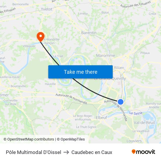 Pôle Multimodal D'Oissel to Caudebec en Caux map