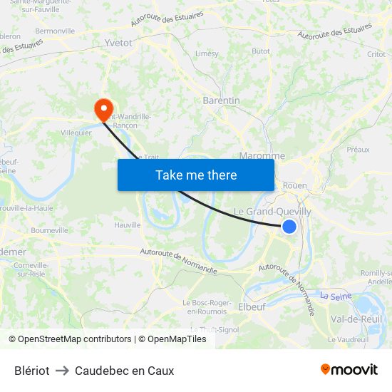 Blériot to Caudebec en Caux map