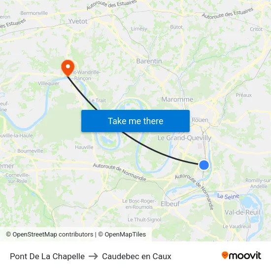 Pont De La Chapelle to Caudebec en Caux map