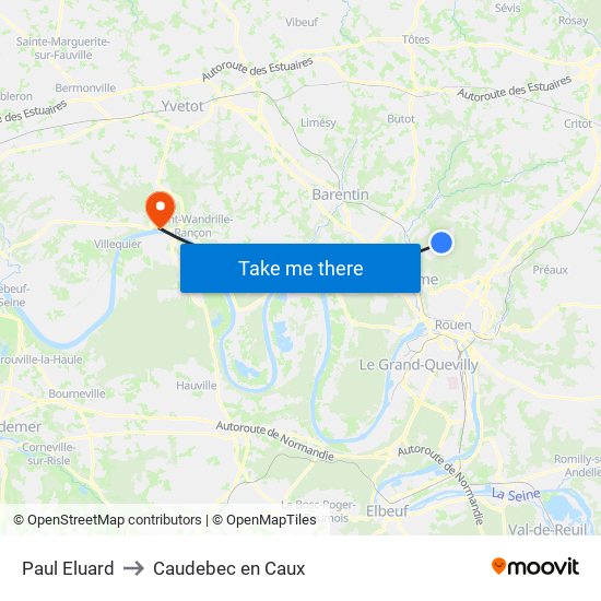 Paul Eluard to Caudebec en Caux map