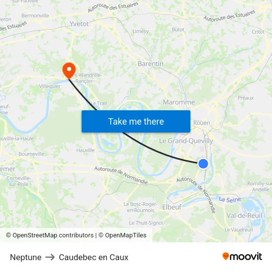 Neptune to Caudebec en Caux map