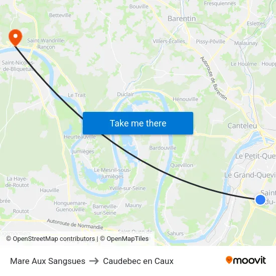 Mare Aux Sangsues to Caudebec en Caux map