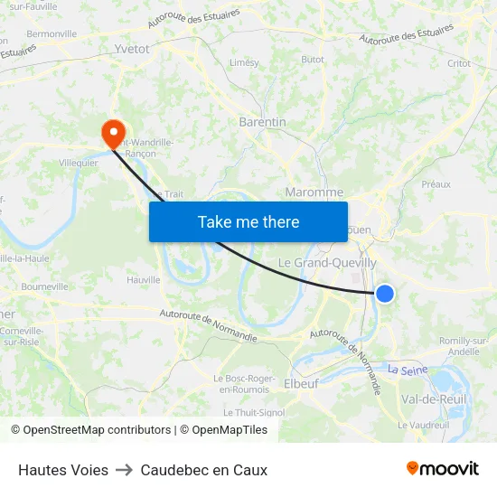 Hautes Voies to Caudebec en Caux map