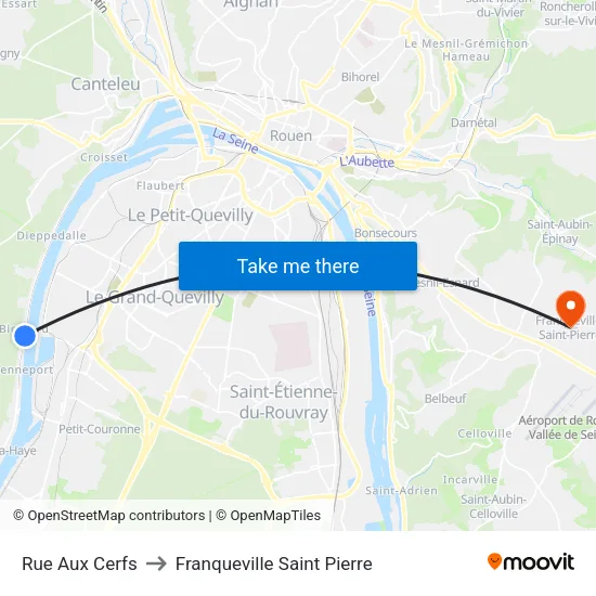 Rue Aux Cerfs to Franqueville Saint Pierre map