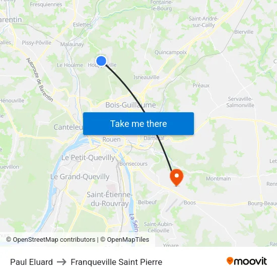 Paul Eluard to Franqueville Saint Pierre map