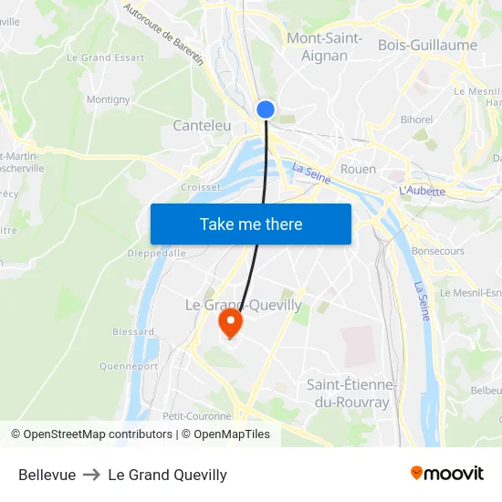 Bellevue to Le Grand Quevilly map