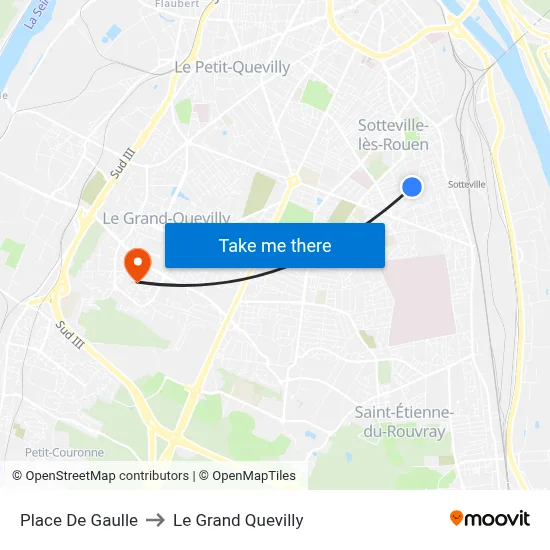 Place De Gaulle to Le Grand Quevilly map