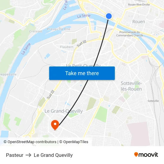 Pasteur to Le Grand Quevilly map