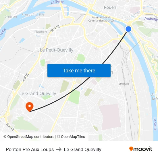 Ponton Pré Aux Loups to Le Grand Quevilly map