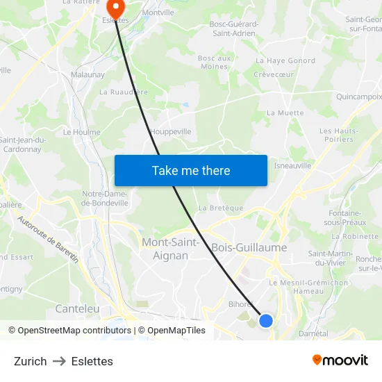 Zurich to Eslettes map
