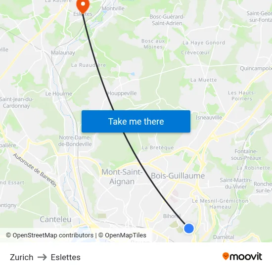 Zurich to Eslettes map
