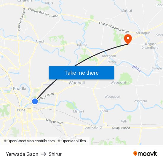 Yerwada Gaon to Shirur map